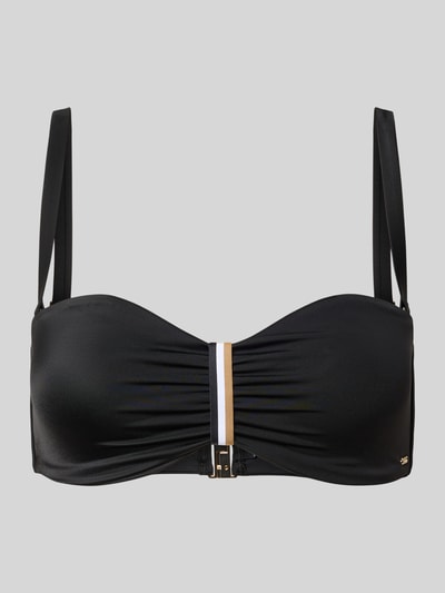 Produktfoto, schwarzes Bikini-Oberteil mit Label-Applikation Modell 'BANDEAU' von BOSS in unifarbener Optik, Stretch-Material, feine Struktur
