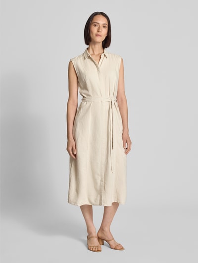 ICHI Hemdblusenkleid aus Leinen-Viskose-Mix mit Bindegürtel Beige 4