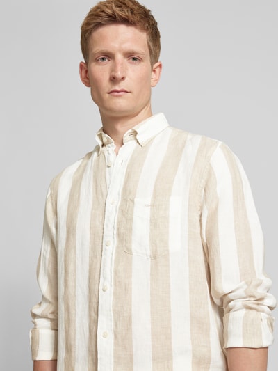 Gant Koszula lniana o kroju regular fit ze wzorem w blokowe pasy Beżowy 3