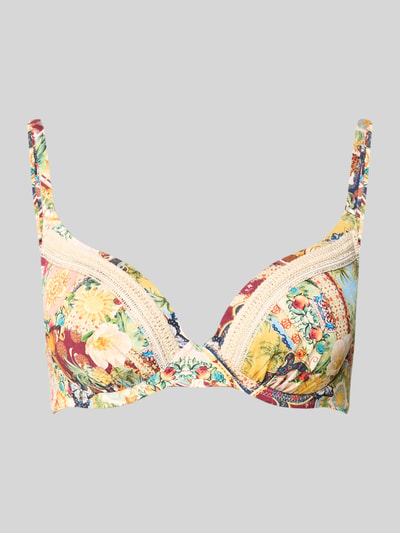 Produktfoto, Bikini-Oberteil im Allover-Look Modell 'TREASURED TROVE' von WATERCULT, bunt gemustert, strukturierte Oberfläche, Mix aus Gelb, Rot und Creme, Material-Mix mit Stretch-Anteil, körpernahe Passform