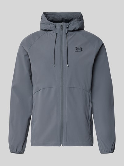 Produktfoto, Regular Fit Jacke mit Logo-Print Modell 'Vibe' van Under Armour, elastische materialen, capuchon met trekkoord, ritssluiting, steekzakken, heren jack, grijs, glad oppervlak