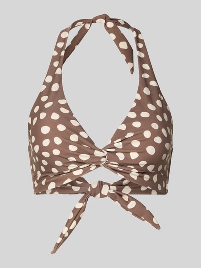 Produktfoto, Bikini-Oberteil mit Neckholder Modell 'Dauna' von Barts, materiał z domieszką stretchu, wzór w białe grochy na brązowym tle, wiązanie z przodu, dekolt w serek