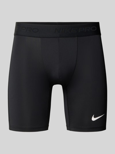Produktfoto, Eng anliegende Sportshorts mit Logo-Print von Nike in Schwarz mit weißem Logo, glatte Textur, Herren Sportshorts von Nike Training