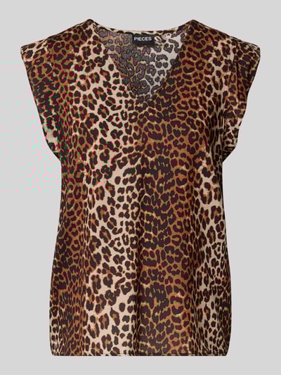 Pieces  Regular fit blousetop met kapmouwen, model 'NYA' Middenbruin - 2