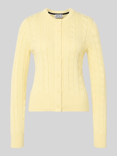 Productfoto, Strickjacke mit Zopfmuster und Rundhalsausschnitt van JAKE*S STUDIO WOMAN in zachtgeel, katoen, slim fit, knoopsluiting
