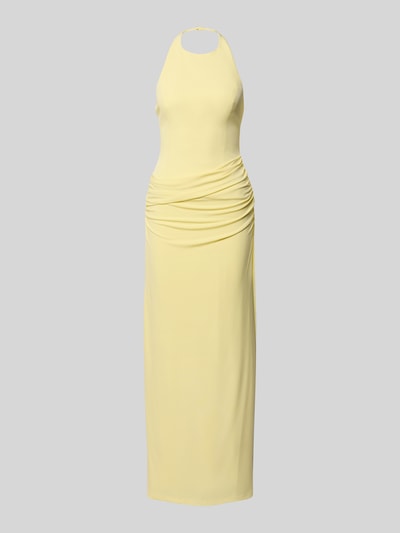 Produktfoto, Neckholder-Maxikleid mit Drapierungen von Forever New in sanftem Gelb, figurbetonter Schnitt, strukturierte Stofftextur