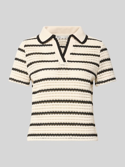 Produktfoto, creme-schwarzes Strickshirt mit Polokragen und V-Ausschnitt aus Material-Mix, Slim-Fit, Modell 'MIFFY' von MANGO