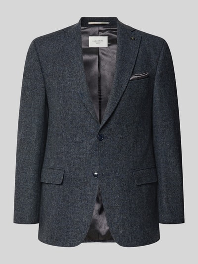 Produktfoto, Slim Fit Sakko mit Viskose-Anteil Modell 'Theo' von Carl Gross, dunkle Blautöne, leicht strukturierte Oberfläche, Reverskragen, Einstecktuch, Pattentaschen, 2-Knopfleiste, rechteckige Form, glatte Textur innen, Material-Mix