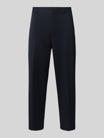 Produktfoto, dunkle Straight Fit Stoffhose mit Viskose-Anteil Modell 'Glen' von Zuitable, sichtbare Bundfalten und Taschen, Textur glatt