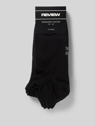 Produktfoto, Socken aus Baumwoll-Mix im 5er-Pack von REVIEW, einfarbig schwarz, Logo-Detail am Bündchen, glatte Textur, Herren Socken, elastisch, Slim Fit