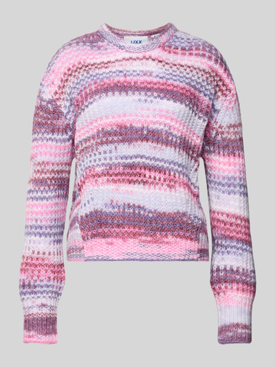 Produktfoto, Regular Fit Pullover in Strick-Optik Modell 'Simone' von JJXX, mehrfarbig mit rosa, lila und weißen Streifen, grobe Textur, Rundhalsausschnitt, elastische Abschlüsse, Damen Pullover, Rückenlänge 60 cm, Ärmellänge 68 cm