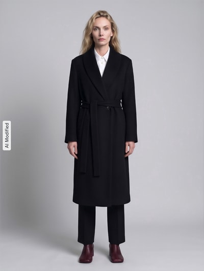 Frauenmodel trägt Regular Fit Mantel mit Woll-Anteil Modell 'Mindina' von HUGO in Schwarz, glatte Textur, Ganzkörperansicht von vorne, Damen Mantel von HUGO, KI-modifiziertes Bild.