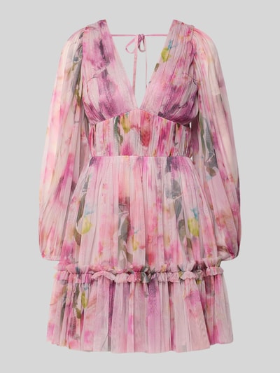Productfoto, Cocktailkleid aus Tüll mit V-Ausschnitt van LACE & BEADS in roze tinten, A-lijn, minikleed, transparante mouwen, bloemenprint, plooien, zachte textuur, ruglengte 90 cm, borstwijdte 33 cm, mouwlengte 61 cm