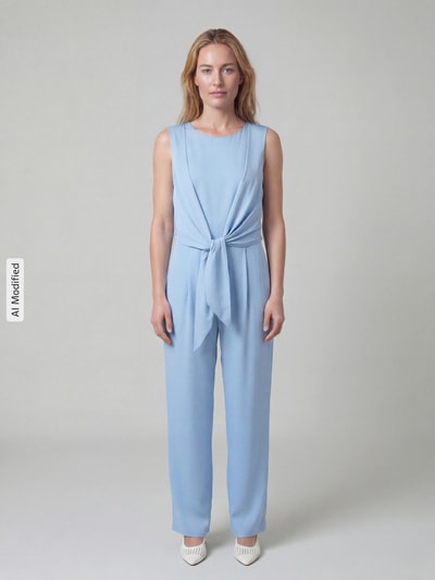 Frauenmodel trägt Jumpsuit aus Satin mit Bindegürtel von Christian Berg Cocktail in Hellblau, glatte Textur, Ganzkörperansicht von vorne. Leicht taillierte Passform, Rundhalsausschnitt, Bindegürtel auf Taillenhöhe, mit Nahtreißverschluss hinten.