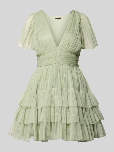 Produktfoto, Cocktailkleid mit tiefem V-Ausschnitt von LACE & BEADS, Damen, aus Tüll, in A-Linie, Minikleid mit Taillenband, Stufen-Look, pastellgrün, feine Faltenstruktur