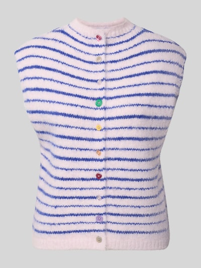 Produktfoto, Regular Fit Weste mit Woll-Anteil Modell 'SIRA' von PIECES, Damen Weste, weiße Grundfarbe mit blauen Streifen und bunten Knöpfen, weiche, wollige Textur