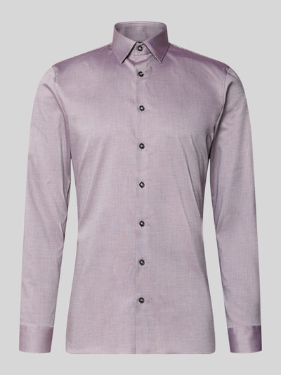 Produktfoto, Super Slim Fit Businesshemd aus Baumwoll-Mix von OLYMP No. Six in dezentem Violett mit feinem Muster, glatte Textur, weiße Knopfleiste