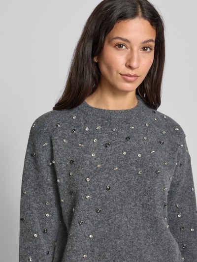 Jake*s Collection Strickpullover mit Ziersteinbesatz Dunkelgrau Melange 3