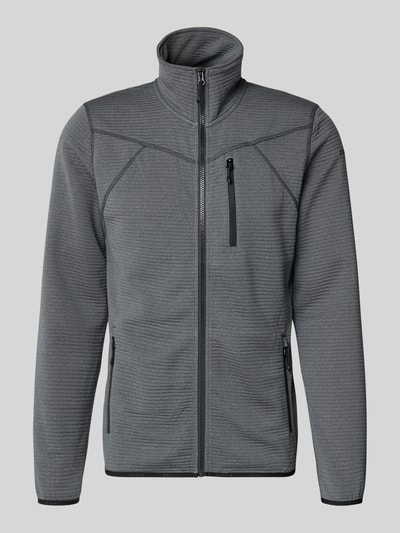 Produktfoto, Regular Fit Fleecejacke mit Stehkragen Modell 'Berthold' von Icepeak in Grau mit Napoleontasche, Eingrifftaschen mit Reißverschluss, elastische Abschlüsse, strukturierte Textur, für Herren, Rückenlänge bei Größe M 74 cm, Schulterbreite 46 cm, Brustweite 52 cm, Ärmellänge 71 cm.