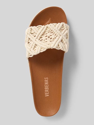 Produktfoto, Sandalette in Schlupfform Modell 'RAGA KNOTS' von Verbenas, abgerundete Spitze, profilierte Sohle, beige geflochtenes Textil, braune Decksohle, Absatzhöhe 3 cm bei Größe 40