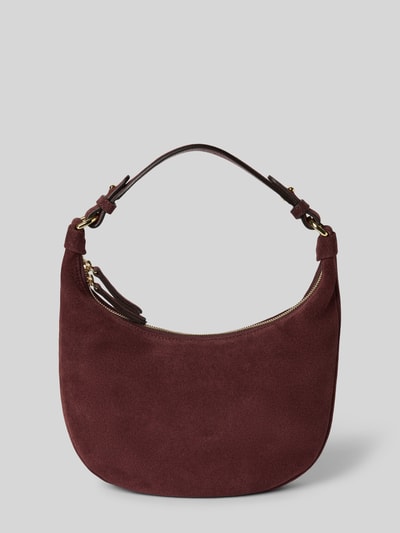 Produktfoto, Hobo Bag aus echtem Leder Modell 'NANA' von Abro in Dunkelrot, samtige Oberfläche, goldfarbener Reißverschluss, Label-Detail metallic, abnehmbarer Schulterriemen, kurzer Henkel, Reißverschluss-Innenfach, Maße 30x28x5 cm, Länge Schulterriemen 32 cm