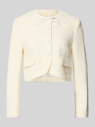 Produktfoto, Damen Jacke mit Woll-Anteil von Self-Portrait in Creme mit Spitze am Umlegekragen, Pattentaschen und Knopfleiste, strukturierte Textur