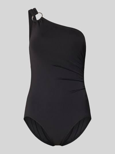 Produktfoto, Badeanzug im One-Shoulder-Look von Michael Kors in Schwarz aus Material-Mix mit Stretch-Anteil, körpernahe Passform, Raffungen