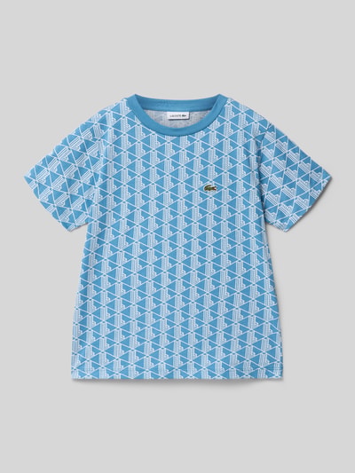 Produktfoto, Regular Fit T-Shirt aus reiner Baumwolle von Lacoste, Kinder T-Shirt, Optik:Allover-Muster, Label-Patch, Rundhals, Kurzarm, Materialverarbeitung: Jersey, blau-weißes geometrisches Muster, glatte Textur.
