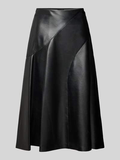 Produktfoto, Ausgestellter Midi-Rock mit Reißverschluss Modell 'VICENA' von BOSS in glänzender schwarzer Kunstleder-Optik, sichtbare Nähte, gerader Saum, Regular Fit, Midi-Länge.