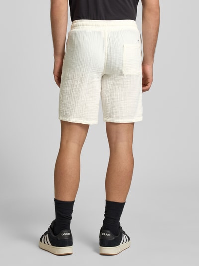Männermodel trägt Herren Shorts mit Strukturmuster Modell 'AIDEN' von Jack & Jones, Material-Mix mit Baumwoll-Anteil, Straight Fit, Elastischer Bund mit Kordelzug, seitliche Eingrifftaschen, Bundweite 40 cm, Innenbeinlänge 21 cm, Ganzkörperansicht Rückansicht.