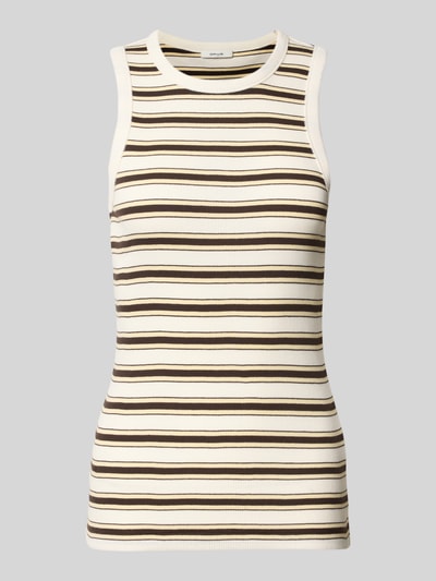 Produktfoto, Tanktop im Allover-Look Modell 'Ireso resort' von OPUS aus Reiner Baumwolle im Slim-Fit, Ripp-Optik, Rundhalsausschnitt, Rückenlänge bei Größe 36: 54 cm, cremebraune Streifen.