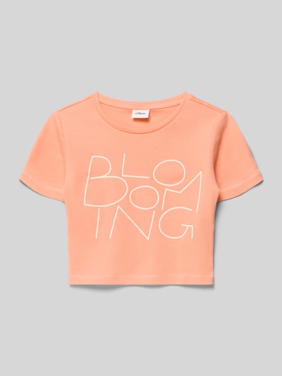 Produktfoto, Regular Fit T-Shirt aus reiner Baumwolle von s.Oliver RED LABEL in Apricot, unifarben mit Label-Schriftzug, Rundhalsausschnitt, kurzarm.
