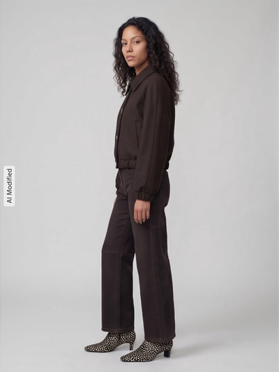 Kobiece model prezentuje ciemnobrązowy bluzon z raglanowymi rękawami Regular Fit Blouson mit Raglanärmeln Modell 'NANCY' od ONLY, damska bomberka/bluzon, Ganzkörperansicht von vorne, KI-modifiziertes Bild