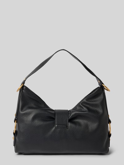 Productfoto, Handtasche mit Label-Applikation Model 'CAMDEN' van GUESS in zwart met goudkleurige details, grofkorrelige textuur, hoofdvak met ritssluiting, overslag met magneetsluiting, schouderband, breedte 36 cm, lengte 28 cm, diepte 10 cm, bandlengte 48 cm.