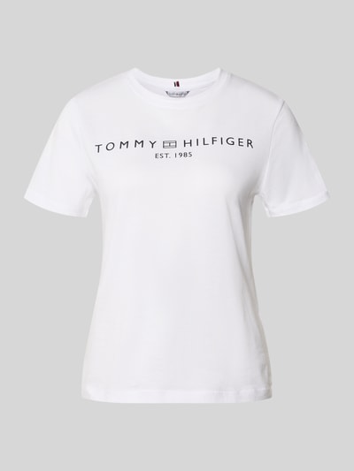 Produktfoto, Regular Fit T-Shirt aus reiner Baumwolle von Tommy Hilfiger, weiß, unifarben, Logo-Schriftzug, Rundhals, kurzarm, Jersey-Textur