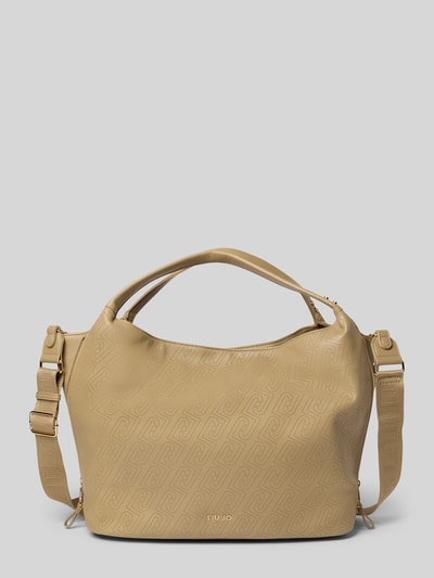 Produktfoto, beiger Farbton, geschwungene Form, strukturierte Leder-Optik, Handtasche in Leder-Optik von Liu Jo, Magnetverschluss, abnehmbarer Henkel, Reißverschlussfach und Schulterriemen, 40x33x15 cm, Länge Schulterriemen 97 cm