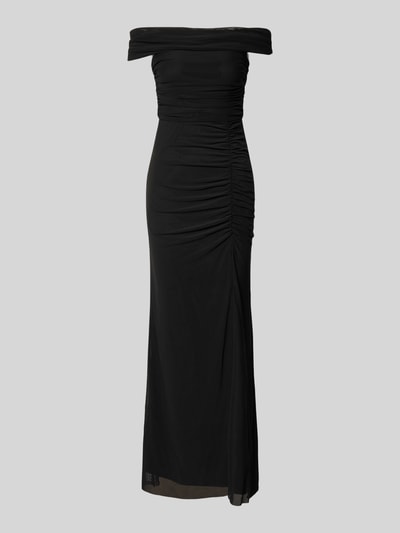 Produktfoto, wieczorowa sukienka z dekoltem carmen od Jake*s Cocktail, krój slim fit, długość maxi, czarna, faktura z marszczeniami