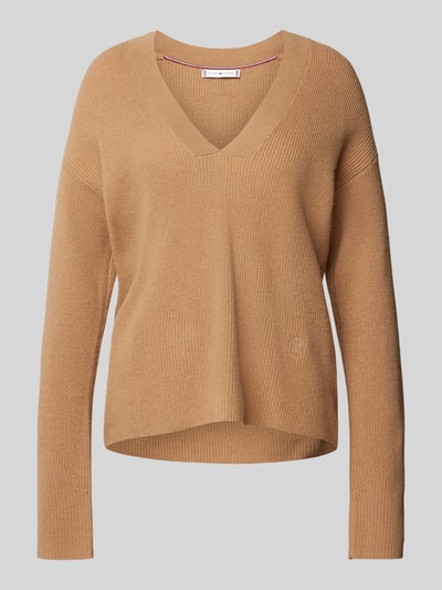 Tommy Hilfiger Gebreide pullover met geribde V-hals Camel - 2