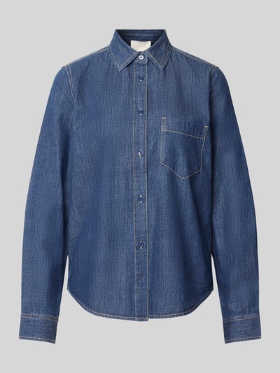 Produktfoto, T-Shirt mit Brusttasche Modell 'DarkDenimShirt' von Juvia, blaues Denim mit Strukturmuster, Knopfleiste, Ziernähte, Regular Fit