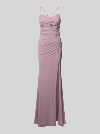 Produktfoto, Slim Fit Abendkleid mit Gehschlitz von Luxuar in Flieder mit Raffung, Schnürverschluss und Spaghetti-Träger, elegante glatte Textur.