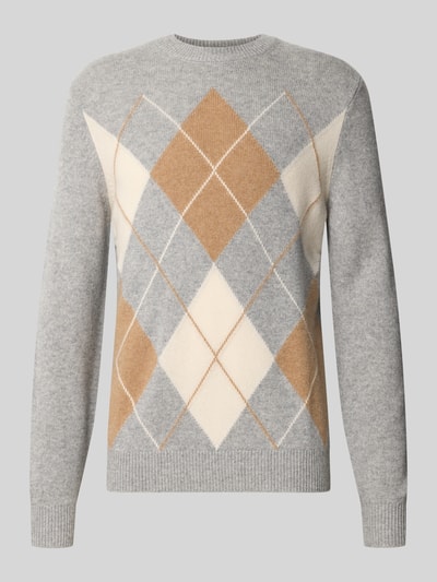Produktfoto, Slim Fit Pullover aus reinem kasjmier in tricotlook van Christian Berg Men voor heren, grijs, beige en wit met ruitpatroon, ronde hals, ruglengte maat M 70 cm, mouwlengte maat M 68 cm
