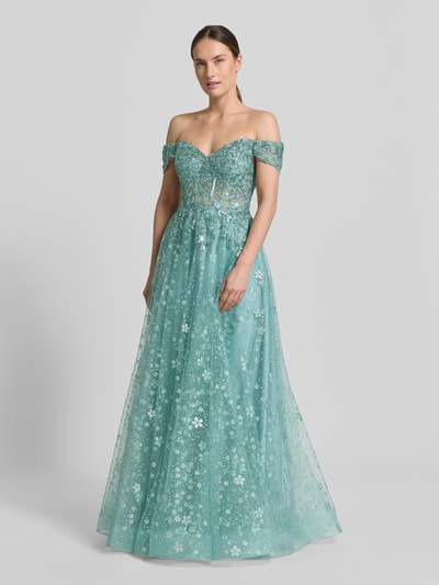 Kobiece modelka nosi Corsagenkleid mit Stitchings und Pailletten von Unique, turkusowy tiul, linia A, maxi, tył 160 cm, szerokość w rozmiarze 36: 37 cm, widok całej sylwetki z przodu