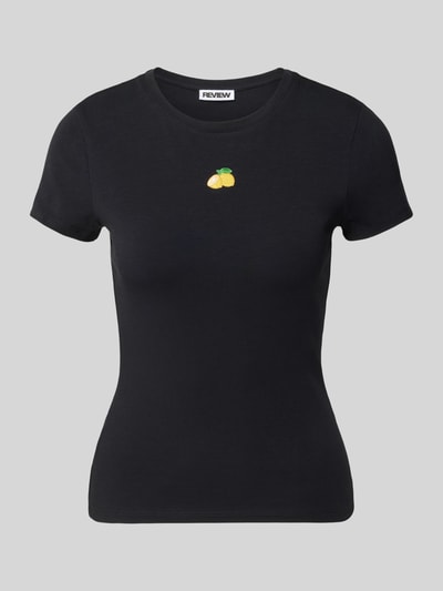 Produktfoto, Slim Fit T-Shirt mit Motiv-Stitching Modell 'Fruity' von REVIEW im elastischen Baumwoll-Mix, dunkel, Rundhalsausschnitt