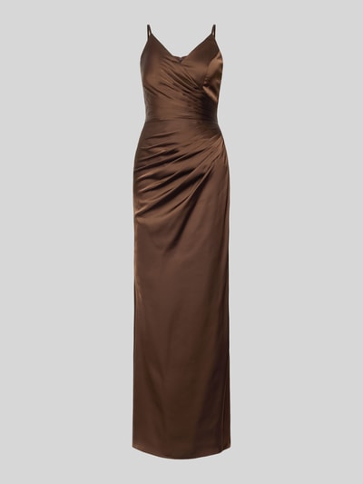 Produktfoto, Abendkleid aus Satin in Wickel-Optik von Mascara in Braun mit eleganter Maxilänge, Spaghettiträgern und gelegten Falten