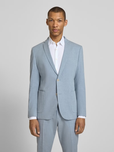 Männermodel trägt Slim Fit Sakko mit Baumwoll, Viskose und Leinen-Anteil von s.Oliver BLACK LABEL in Melange-Optik, Ganzkörperansicht von vorne.