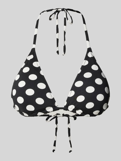 Produktfoto, schwarzes Bikini-Oberteil mit weißen Punkten und Schnürung, Modell 'KIRA' von Neo Noir, körpernahe Passform, Stretch-Material