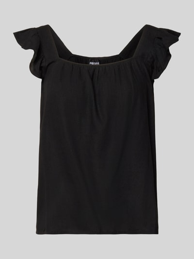Produktfoto, Regular Fit Blusentop aus Baumwoll-Leinen-Mix Modell 'PIA' von Pieces, Optik: Unifarben, Rüschen, schwarze Textur