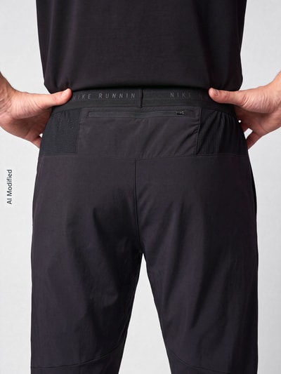 Männermodel trägt Slim Fit Trainingshose mit Dri-FIT-Technologie Modell 'Stride' von Nike, dunkle Farbe, glatte Textur, Ganzkörperansicht Rückansicht, Herren Trainingshose von Nike Training, KI-modifiziertes Bild.