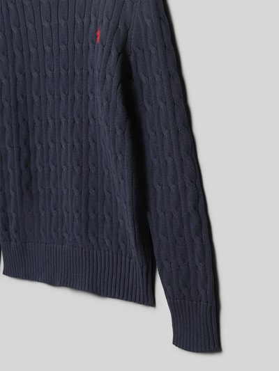 Productfoto, Regular Fit Pullover aus reiner Baumwolle van Polo Ralph Lauren Teens, effen donkerblauw, kabelpatroon, gestikt logo, ronde hals, lange mouw, rompzoom en mouwboorden geribd, tricot, puur katoen