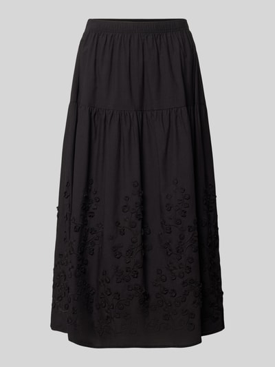 Produktfoto, Midirock mit Stitchings Modell 'FAHIMA' von Soyaconcept, schwarze Reine Baumwolle, A-Linie, elastischer Bund, leichte Struktur